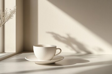 Obraz premium Creamy, textured white coffee cup on saucer, sunlit