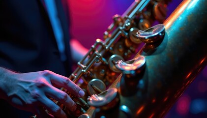 Fototapeta premium Close-up of a saxophone, keys gleaming under stage lights , reed instrument, stage lighting