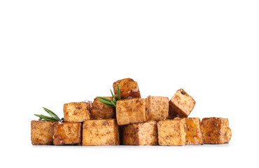 Pieces of fried tofu cheese with soy sauce and rosemary on white background