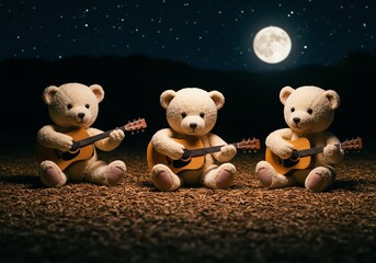 Teddy bears playing guitars under moonlight night