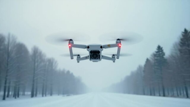 A drone flies forward over the winter sea