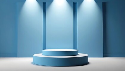 Fototapeta premium Minimalist light blue stage setup with cylinder podium for product display