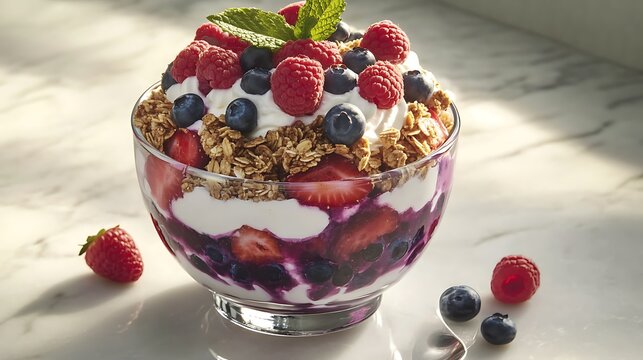 Layered Berry Yogurt Parfait with Granola - Powered by Adobe