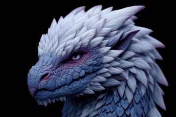 Majestic Fantasy Dragon Portrait   Ice Blue Scales  White Feathers  Mythical Creature