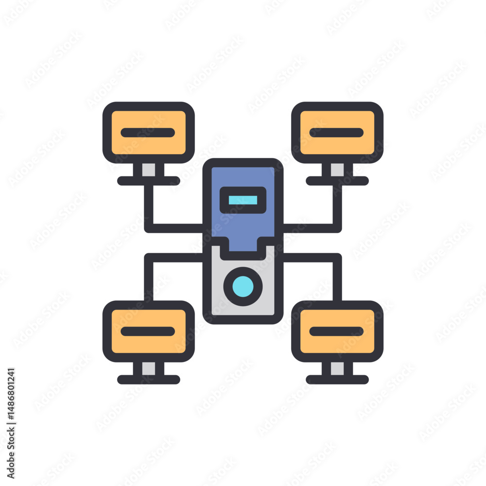 Poster centralized network server connecting multiple monitors illustration