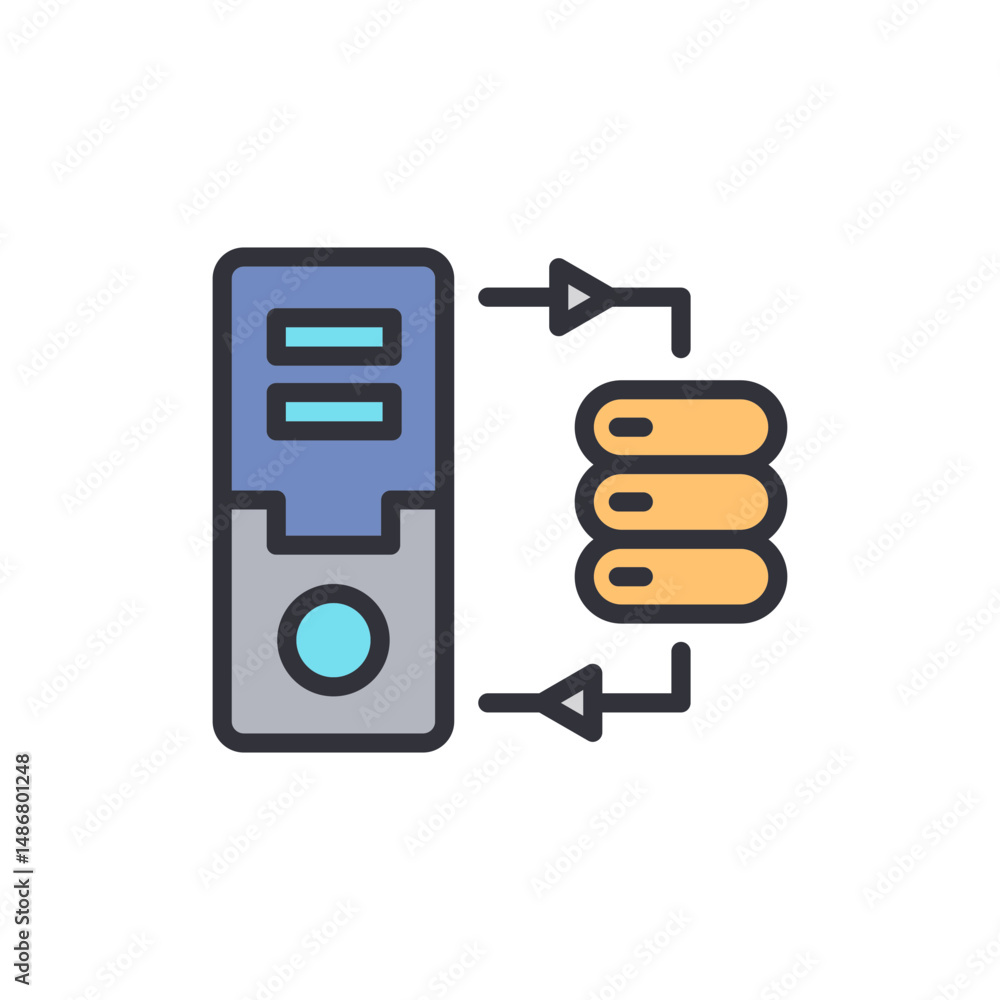 Poster iconic illustration depicting data transfer between server and database