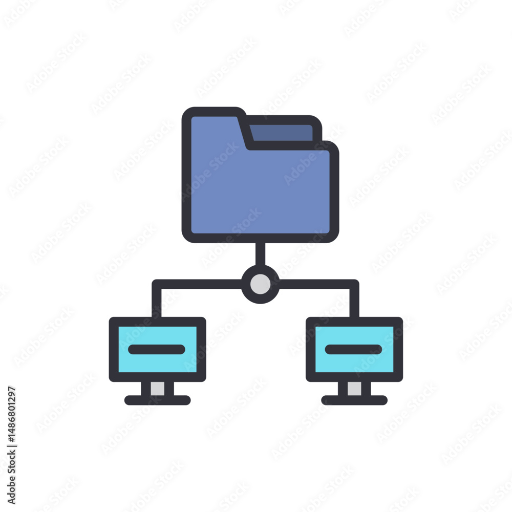 Poster networked data sharing concept represented by a folder and computers