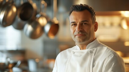 Fototapeta premium A confident middle-aged male chef stands in a professional kitchen, exemplifying skill and experience. His serious expression reflects dedication to the culinary arts.
