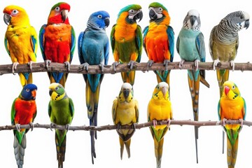 Set parrots and parakeets isolated on white