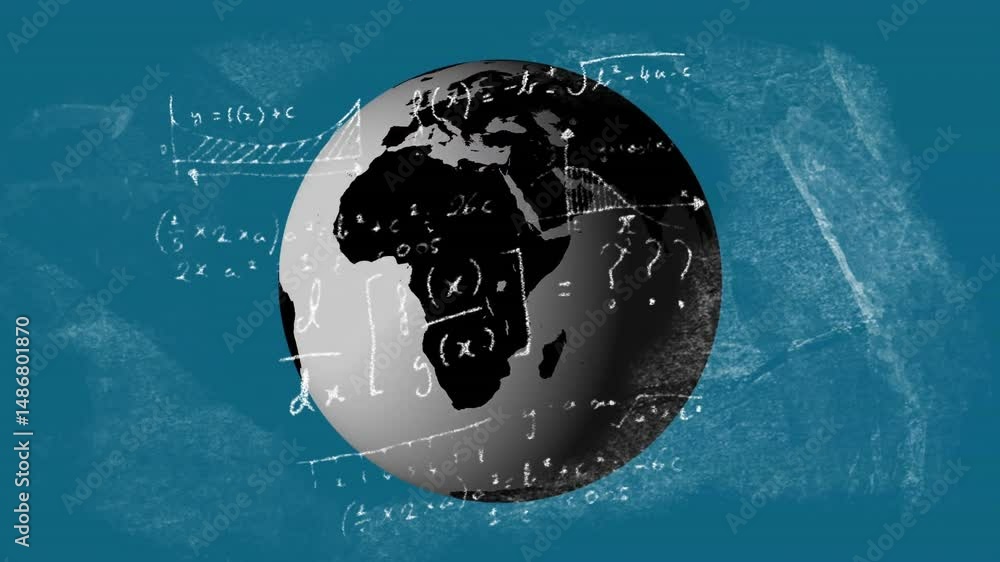 Poster Stylized grayscale globe floating over teal chalkboard surface while formulas rotating around globe
