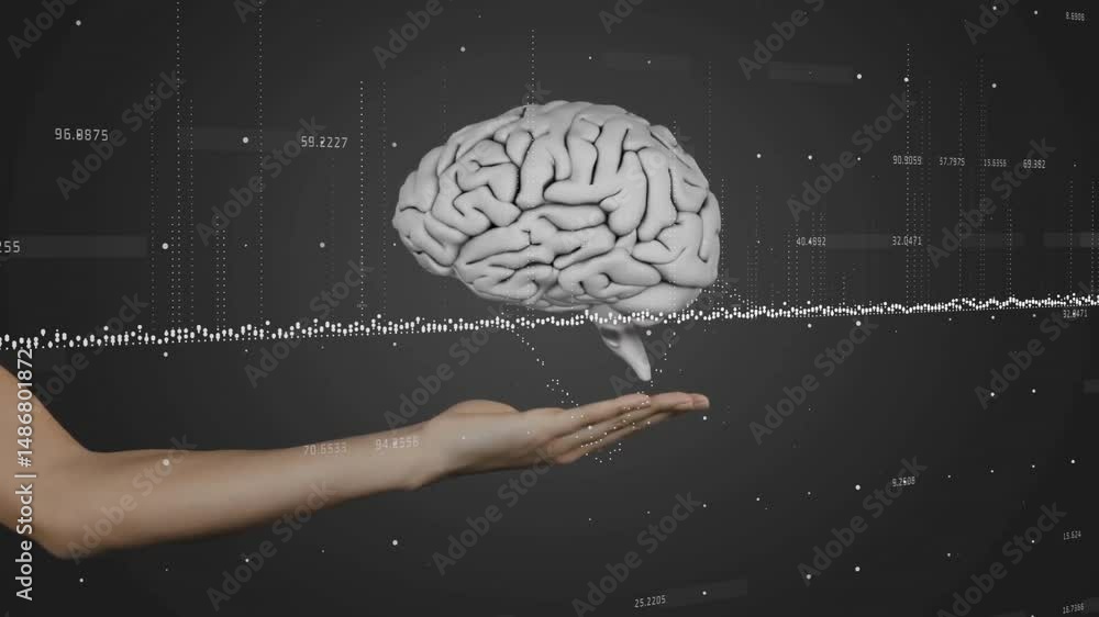 Poster white 3d brain floating above outstretched arm, displaying numeric data points and dotted waveform
