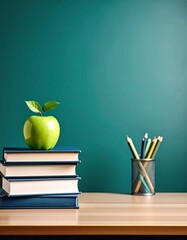 an apple for teacher a pile of books in a classroom with an apple on top, copy space, school background, back to school 