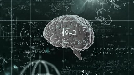 3D brain model floating over chalkboard backdrop showing math chemistry grid and wireframe globe - Powered by Adobe