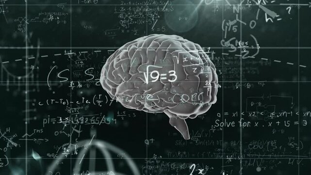3D brain model floating over chalkboard backdrop showing math chemistry grid and wireframe globe