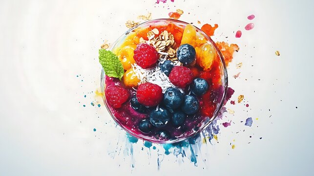 A bowl of fresh berries topped with granola and mint - Powered by Adobe