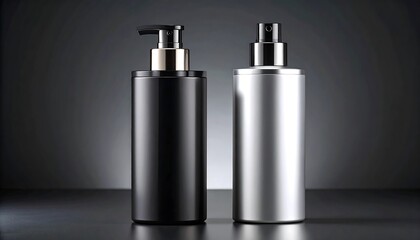 Elegant Black and Silver Cylindrical Bottles: A Modern Cosmetic Product Display