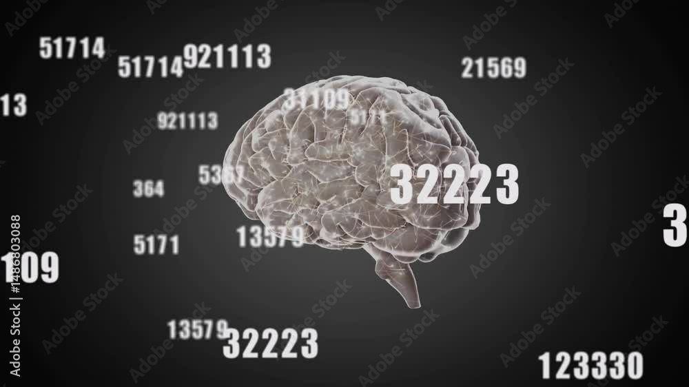 Poster translucent 3d brain glowing with neural network overlay, floating numeric codes visualizing data