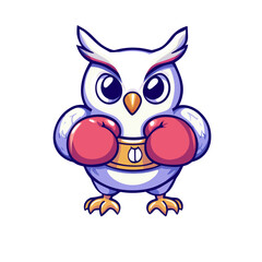 Fototapeta premium A cartoon owl wearing a boxer's costume and holding a champion belt is depicted in a cute and isolated animal concept
