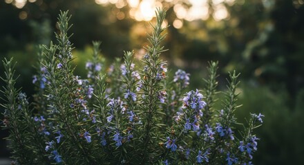 Blooming rosemary shrubs bask in soft light evoking peaceful natural beauty