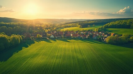 Fototapeta premium Panoramic view of a rural village at sunset.