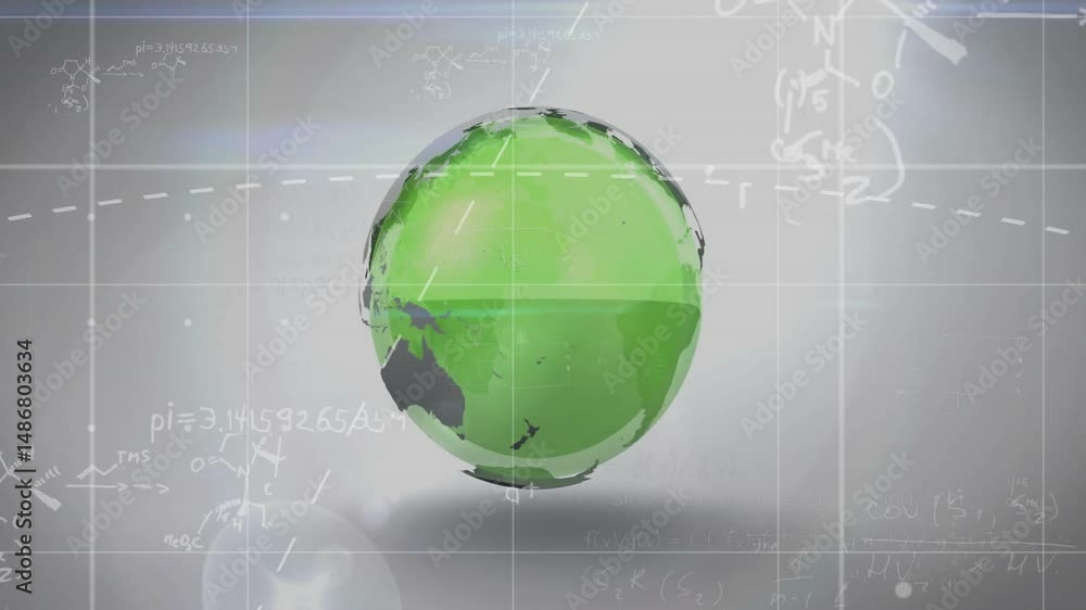 Poster floating 3d globe orbiting grid backdrop, displaying chemical sketches and lens flare circles