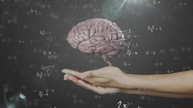 3D brain model floating over chalkboard, cupping hands highlighting math formulae with lens flare