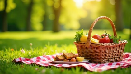 Sunny day, checkered blanket, picnic basket, delicious food , white, summer, watermelon