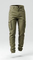 Olive Green Cargo Pants Floating on White Background