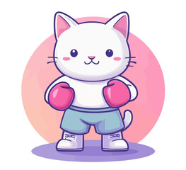 A cartoon cat engaging in boxing training, symbolizing the concept of animal sports, is depicted in a flat, isolated illustration suitable for premium logo design, sticker, or icon creation,
