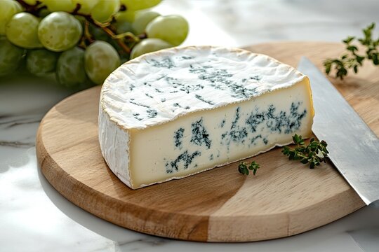 Round blue cheese on wooden board with grapes and thyme