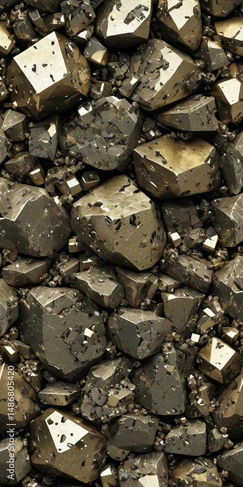 Poster exploring a fascinating array of pyrite mineral clusters, these striking pieces exhibit sparkling go