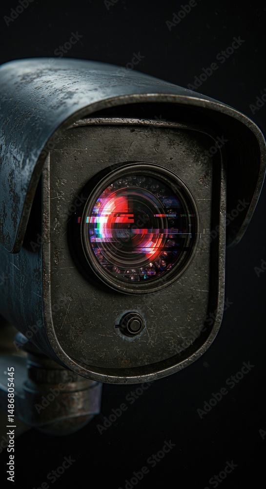 Poster futuristic surveillance camera with glowing red lens. artificial intelligence monitoring system. dig