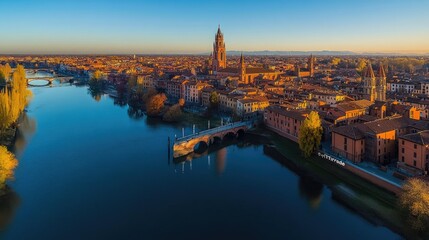 Obraz premium Panoramic cityscape view of a European city by a river at sunrise.