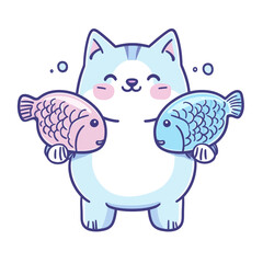 Fototapeta premium Chibi character mascot illustration in outline style featuring a cute raccoon lifting fish barbel food in kawaii design