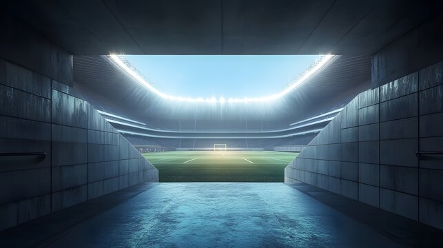 Fototapeta Soccer stadium tunnel view background sports arena football pitch professional game empty seats design