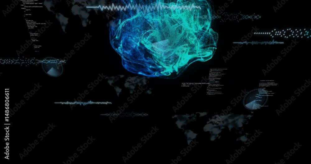 Poster data visualization cloud swirling in dark interface displaying code text, waveforms, hud circles