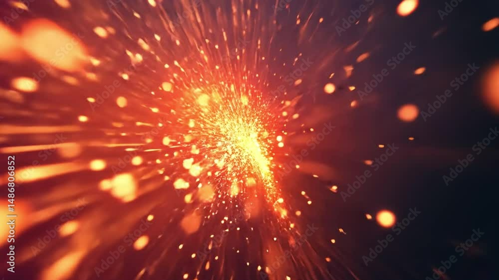 Poster dynamic explosion of vibrant orange and red particles radiating energy and movement in dark backgrou