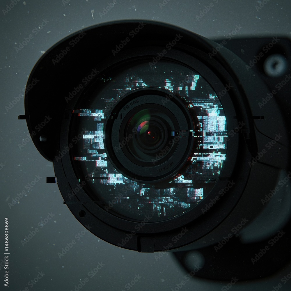 Aufkleber digital surveillance camera with glitch effect on lens. cybersecurity and privacy concept. ai-powere