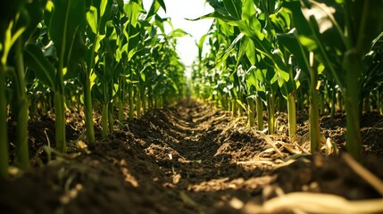 Vibrant Green Cornfield Rows, Lush Plants, Agriculture Scene