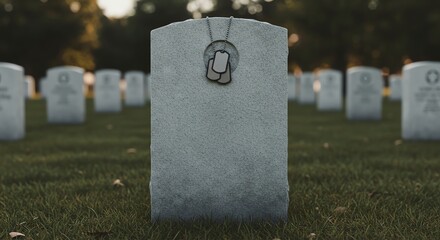 Grave marker with military dog tags in cemetery