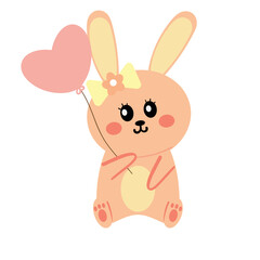 Cute hand drawing cartoon bunny holding pink balloon heart. cute animal drawing for sticker and icon