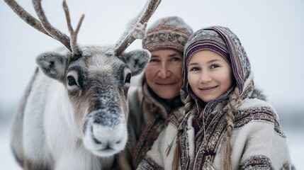 Portrait of Sami people with reindeer in snowy landscape, capturing a cultural connection
