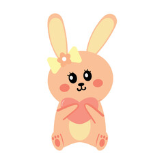 Cute hand drawing cartoon bunny holding pink heart. cute animal drawing for sticker and icon