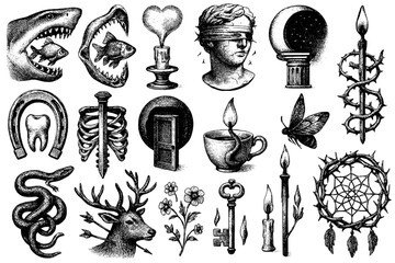 Exploration of vintage engravings showcasing diverse symbols and designs in a captivating collection
