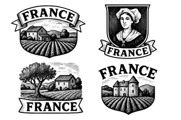 Obraz premium Engraved vintage emblems showcasing French landscapes and traditions in an artistic collection