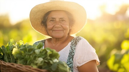 An older Hispanic female farmer stands proudly in her field, holding a basket of fresh produce. The warm sunlight highlights her smile and dedication to agriculture.