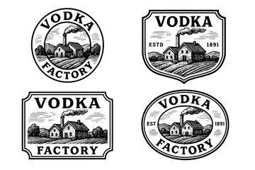 Vintage engraved logo collection featuring a vodka factory emblem with rustic charm and historical significance