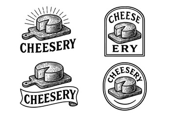 Emblematic vintage logo designs featuring engraved cheese illustrations for artisanal cheesemaking