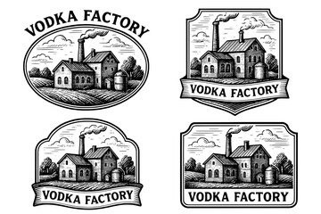 Classic engraved logo designs showcasing a vintage vodka factory with rustic charm and artistic detail