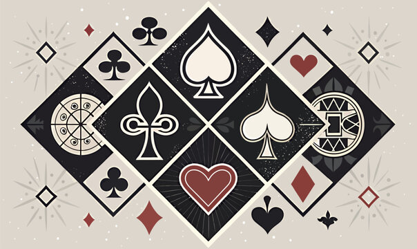 Stylized playing card symbols in red, black, and white on a neutral background.